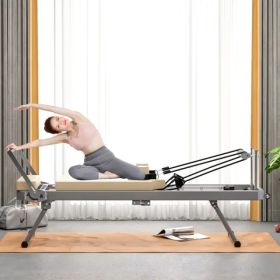 Pilates Reformer Machine For Home Gym Workout, Foldable Pilates Equipment With High Strength Alloy Springs For Beginners, Up To 330lbs,Beige