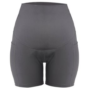 Women Maternity Shorts Seamless Pregnancy Underwear Shapewear Fitness Yoga Running Shorts High Waist Over The Belly Pants with Two Side Pockets (Option: GRY_L)
